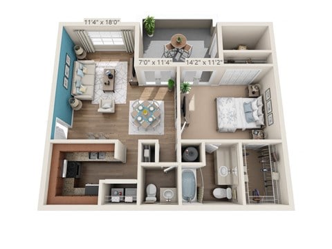 Floor plan for 1 bed, 1.5 baths, 785 sqft